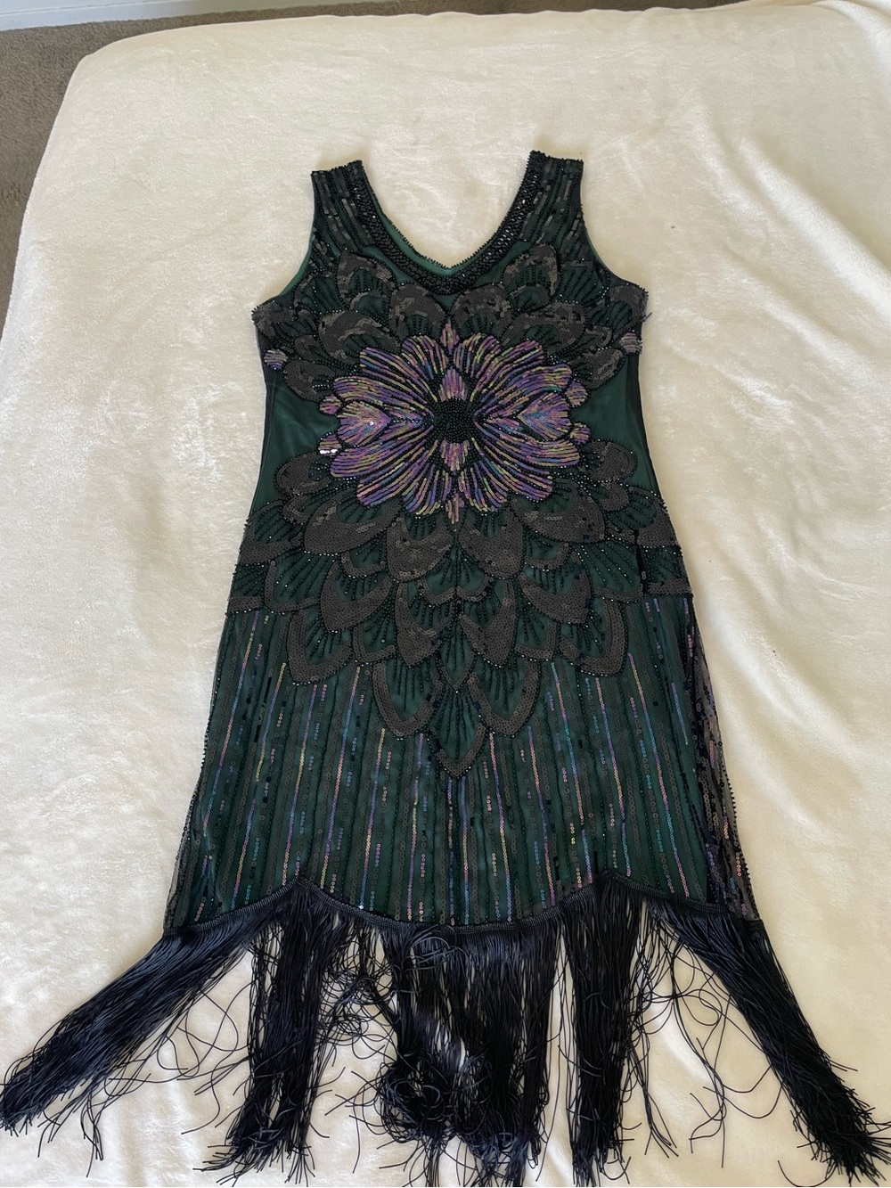 Embellished Green Flapper Dress with Fringe